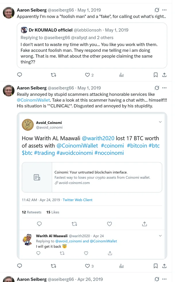 Screenshot of posts by @aseiberg66 defending Coinomi, April to May 2019