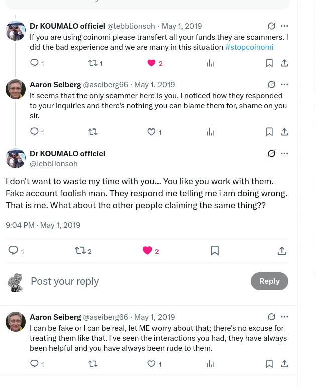 Screenshot of posts by @aseiberg66 defending Coinomi, April to May 2019