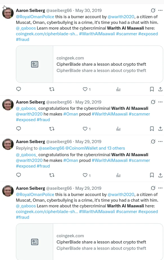 Screenshot of posts by @aseiberg66 defending Coinomi, April to May 2019