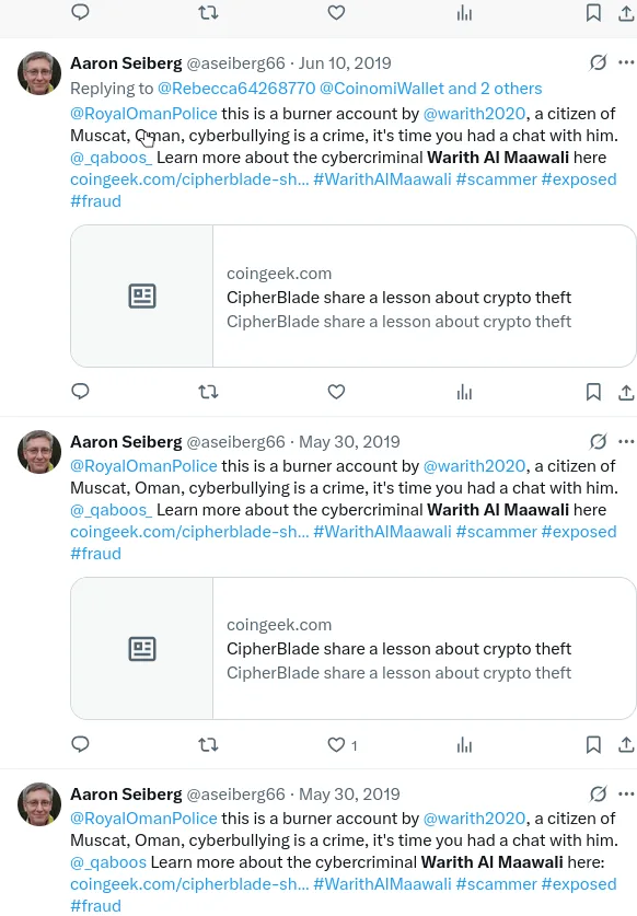 Screenshot of posts by @aseiberg66 defending Coinomi, April to May 2019