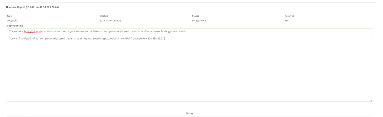 The hosting abuse complaint against avoid-coinomi.com