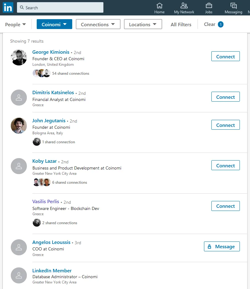 Coinomi staff members listed on LinkedIn