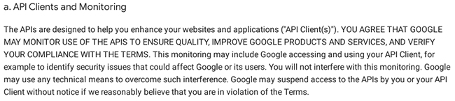 Google Terms stating that all data sent to their servers is subject to processing