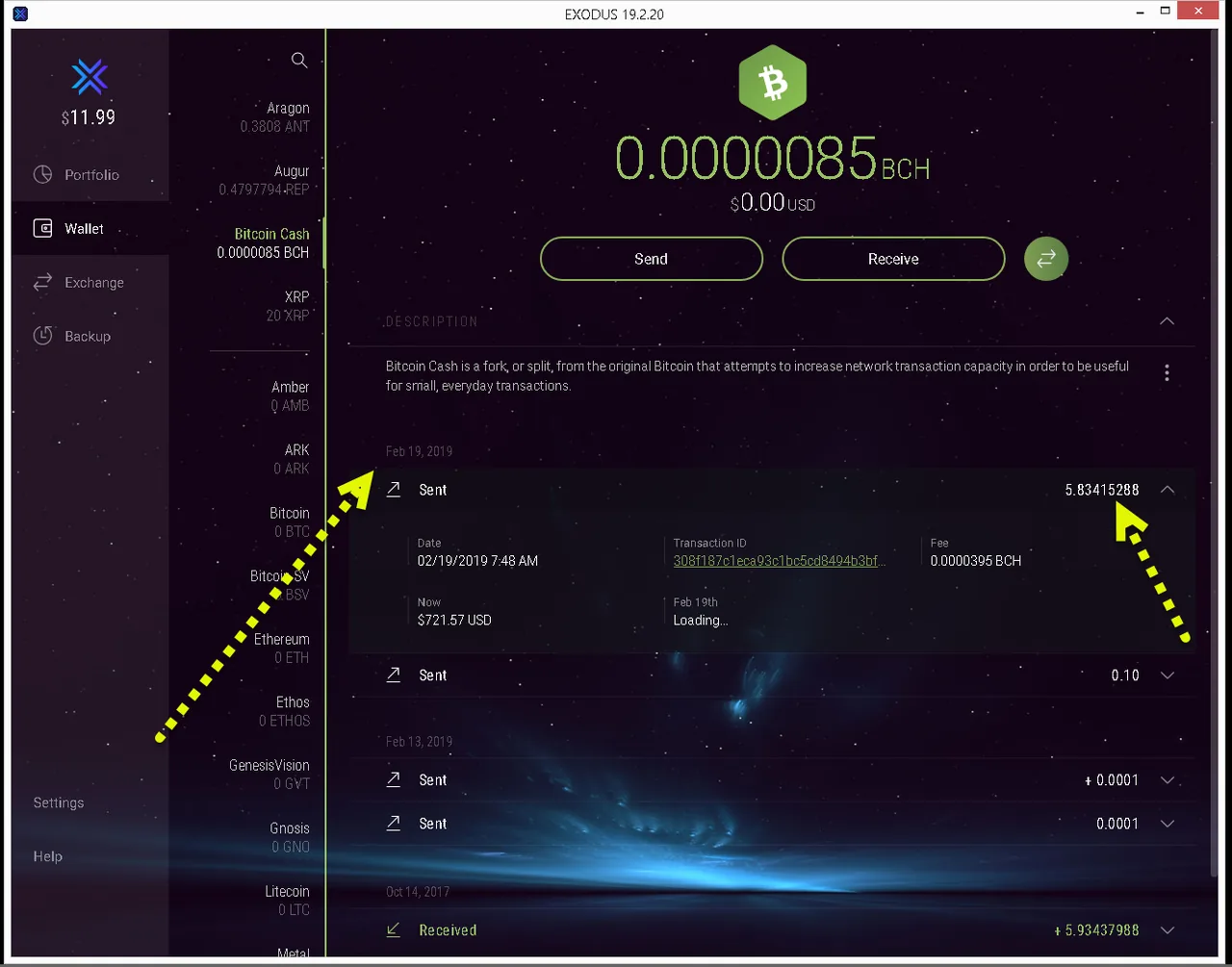 Exodus wallet history showing 5.83415288 BCH sent on 19 February 2019