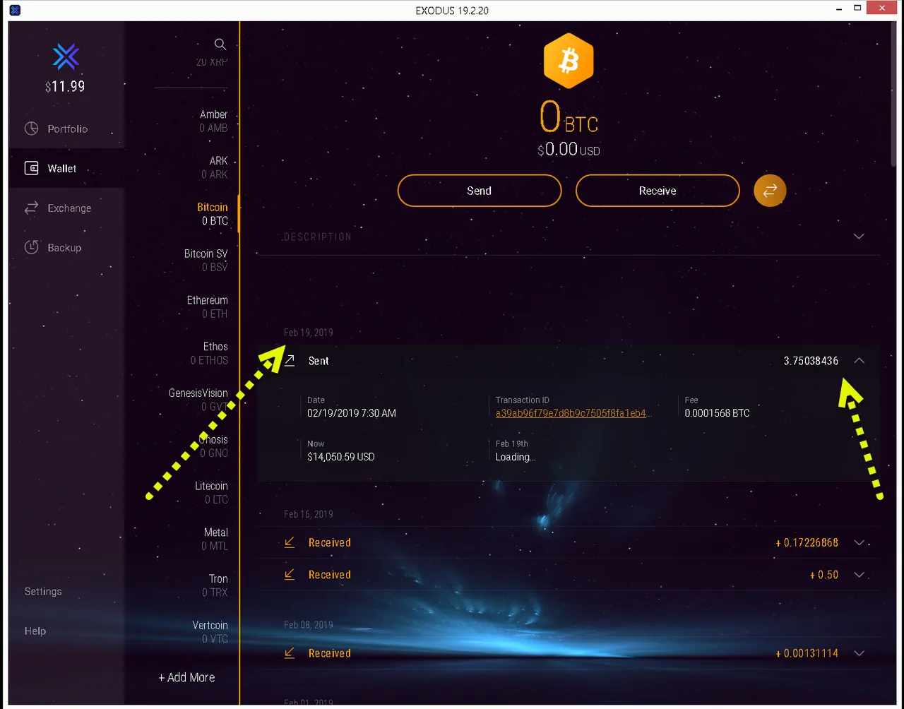 Exodus wallet history showing 3.75038436 BTC sent on 19 February 2019