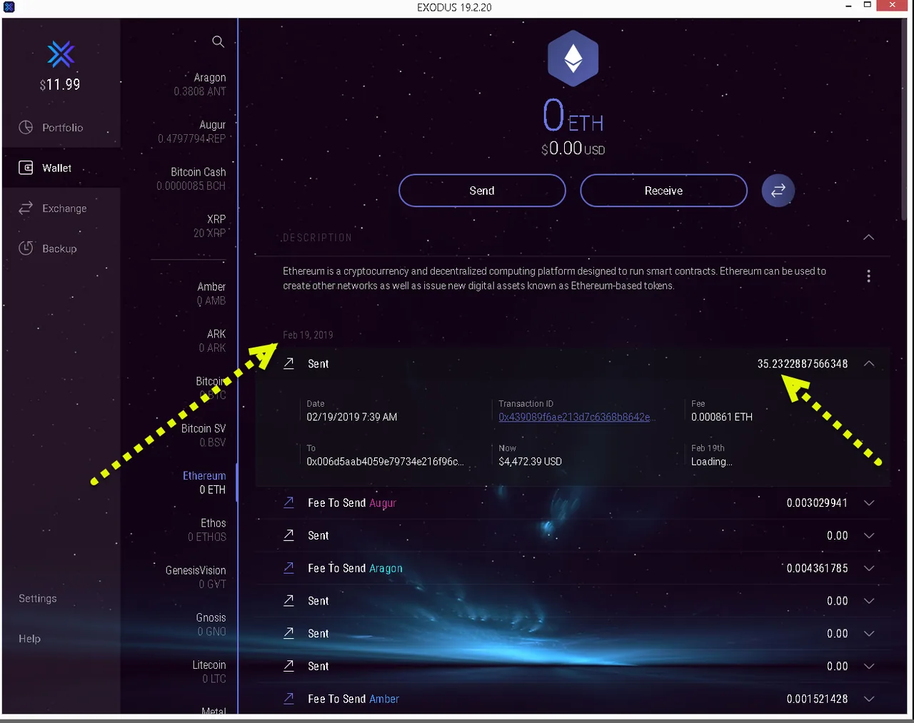 Exodus wallet history showing 35.2322887566 ETH sent on 19 February 2019