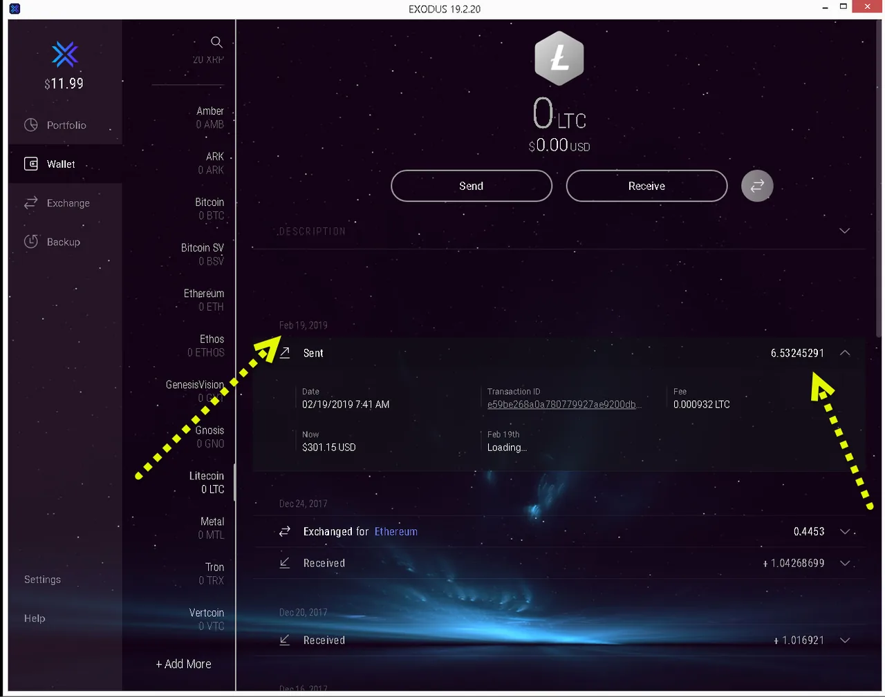 Exodus wallet history showing 6.53245291 LTC sent on 19 February 2019